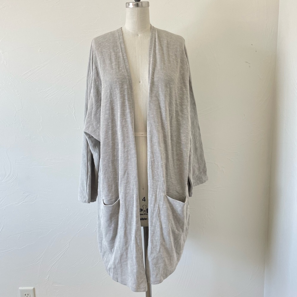 DONNI. Cardigan -Grey Ribbed Jersey Knit, Open Front